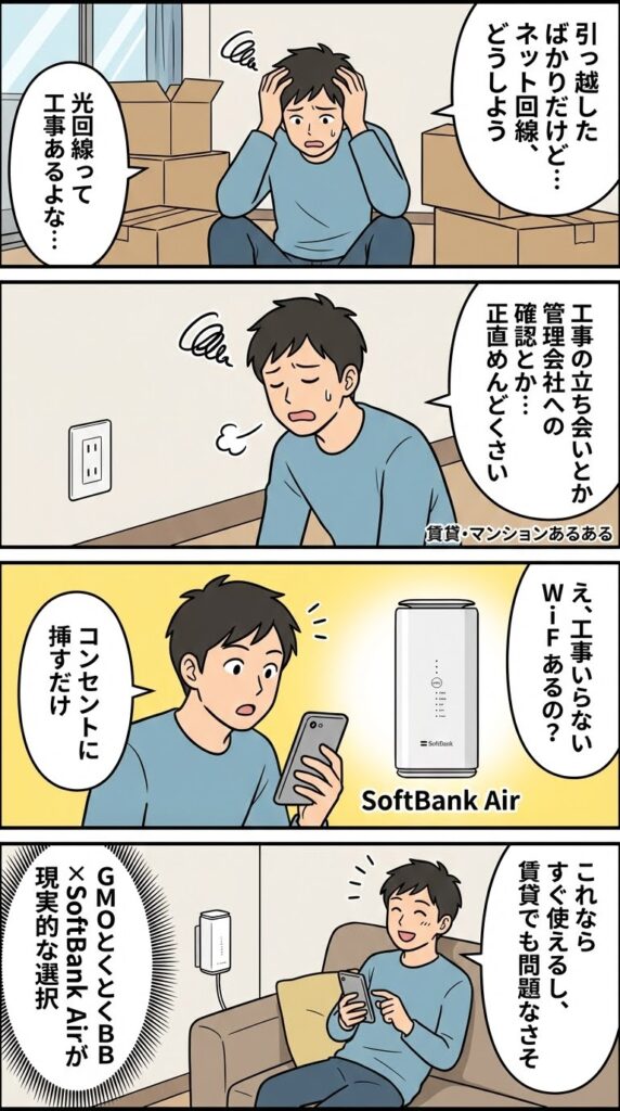 【賃貸・マンション】GMOとくとくBB × SoftBank Airが現実的な選択┃工事不要で簡単